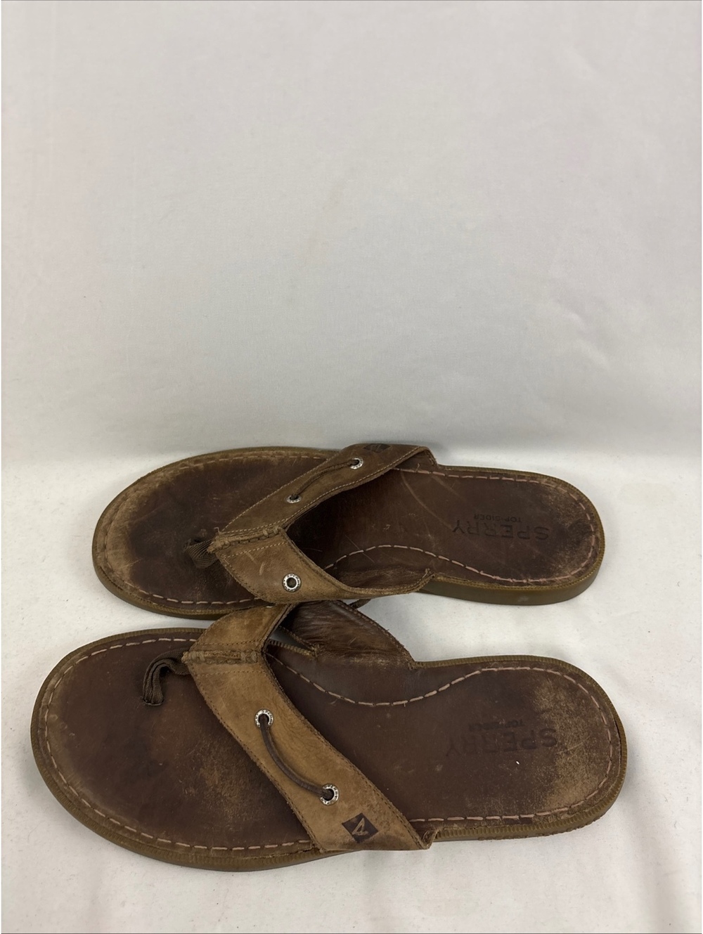Sperry Top Sider Logo Brown Leather Casual Flip Flop Sandals Shoes Mens 12.5 - Picture 2 of 9
